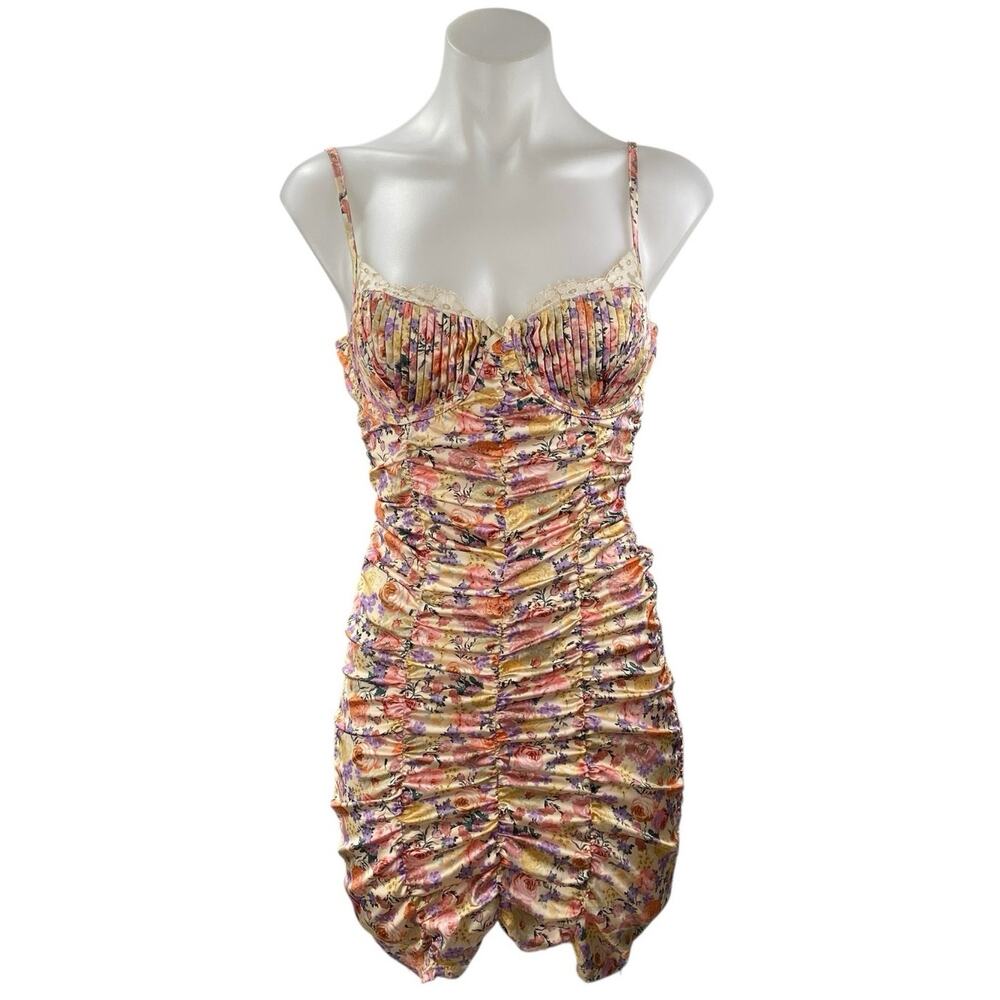For Love & Lemons Gardenia Multicolor Floral Sleeveless Ruched Bodycon Dress S